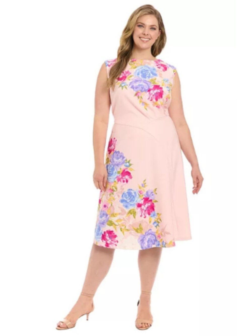 London Times Pink Blush Floral Midi Day Dress Wedding Event Cocktail Size: 20W